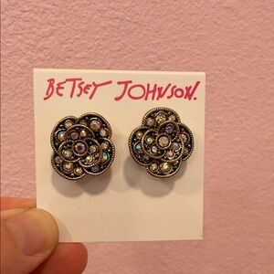 Betsey Johnson Silver-Tone Floral Aurora Crystal Stud Earrings